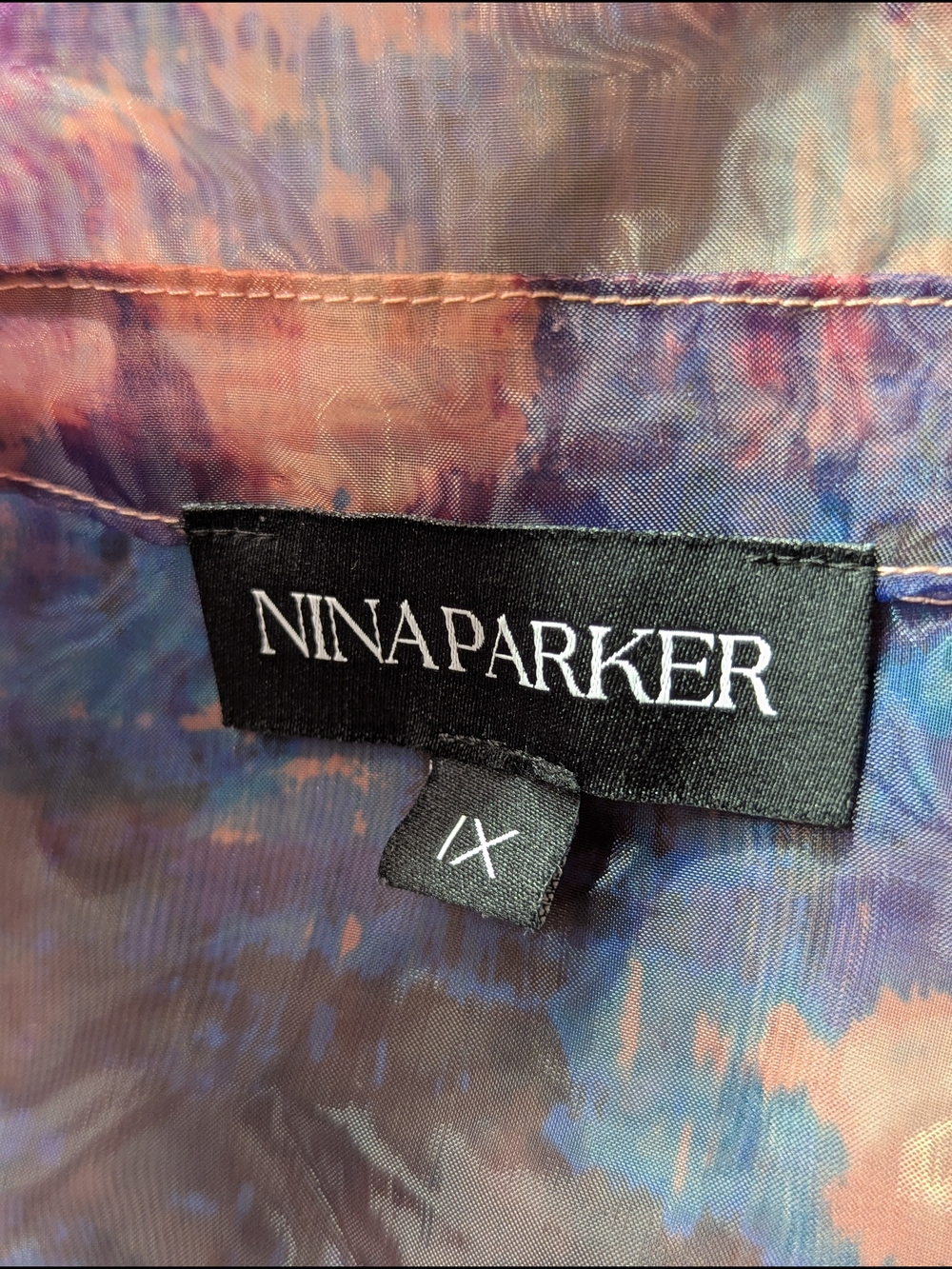 Nina Parker Trendy Organza Sheer Abstract Blouse in Blue & Pink 1X - Picture 4 of 7